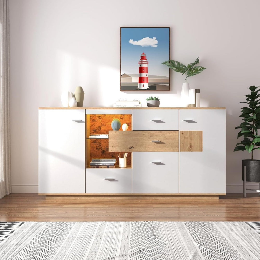 Credence gris clair pour chambre, a 2 portes 4 tiroirs bois ingenierie