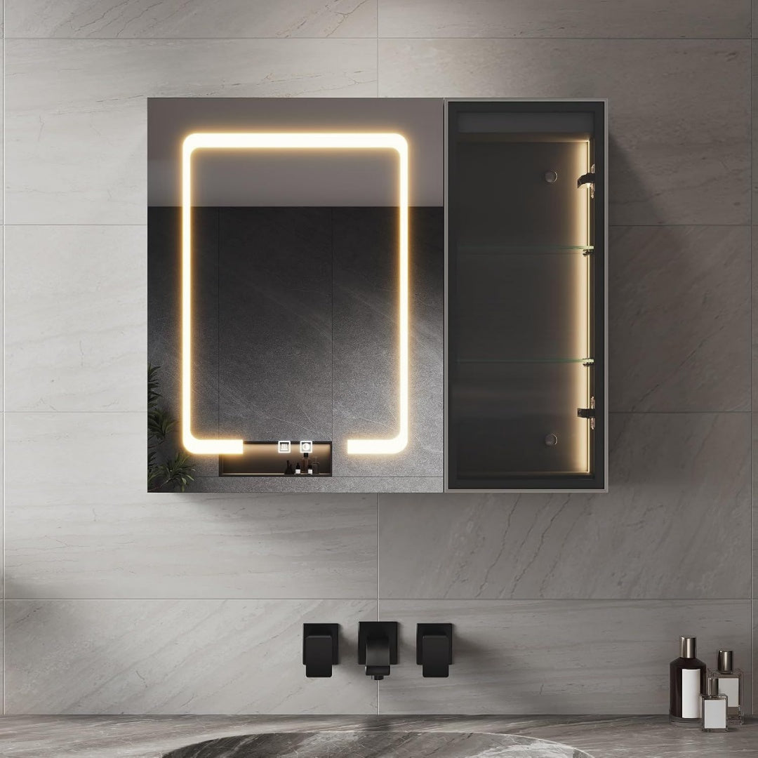 Rangement integre, armoire a miroir gris fonce en verre