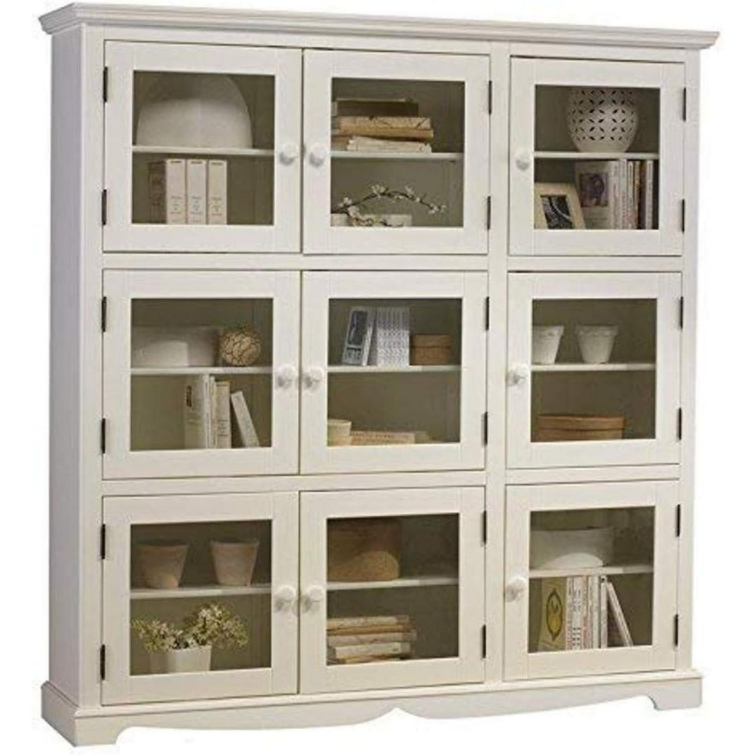Bibliotheque gris avec 9 portes et compartiments ouverts